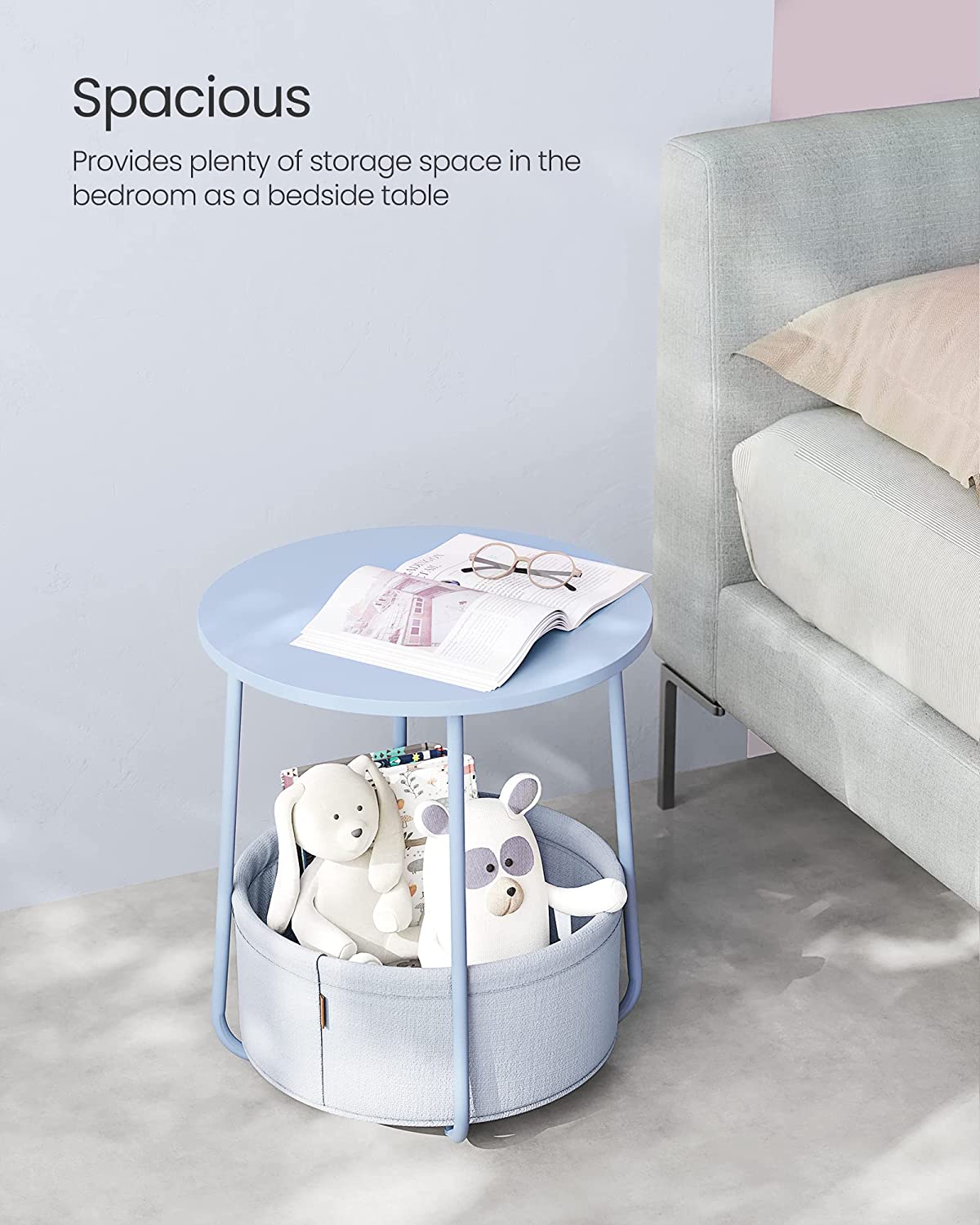 Side Table, Round End Table with Fabric Basket, Spacious, for Living Room Bedroom, Bedside Table, Modern Style, Powder Blue and Pastel Blue