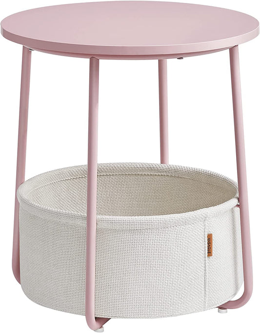 Vasagle Round Side Table, Small Coffee Table, Living Room Table with Fabric Basket, Storage Space for Living Room, Bedroom, Modern, Pastel Pink/Cloud White