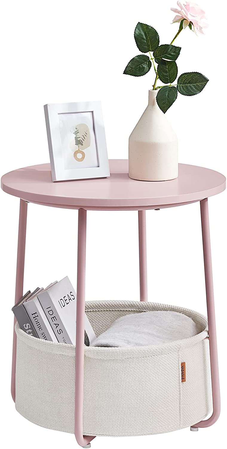 Vasagle Round Side Table, Small Coffee Table, Living Room Table with Fabric Basket, Storage Space for Living Room, Bedroom, Modern, Pastel Pink/Cloud White