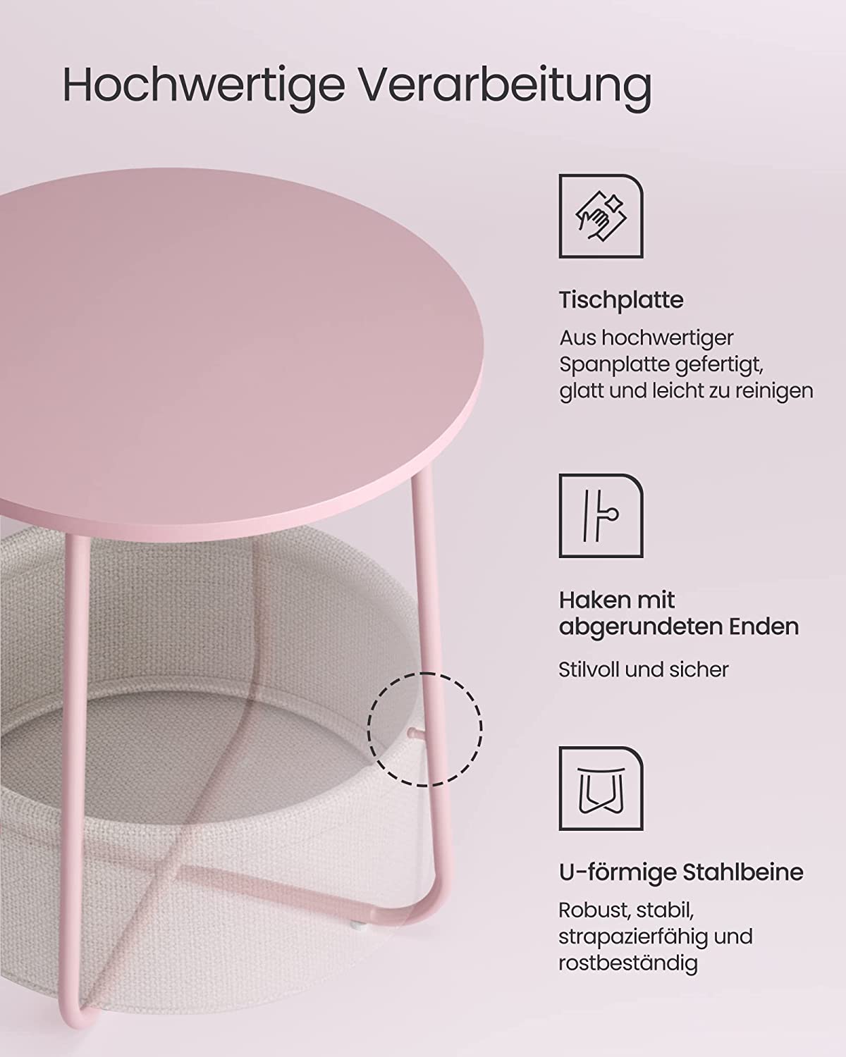 Vasagle Round Side Table, Small Coffee Table, Living Room Table with Fabric Basket, Storage Space for Living Room, Bedroom, Modern, Pastel Pink/Cloud White