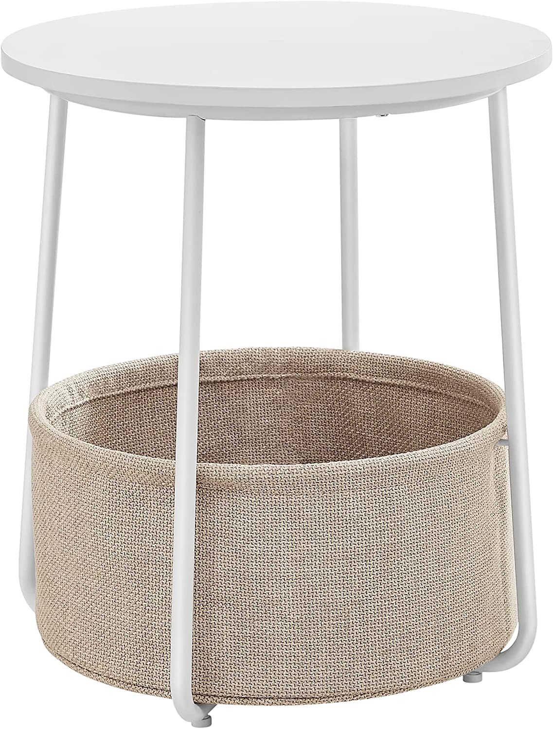 Side Table, Round End Table with Fabric Basket, Spacious, for Living Room Bedroom, Bedside Table, Modern Style, White and Beige