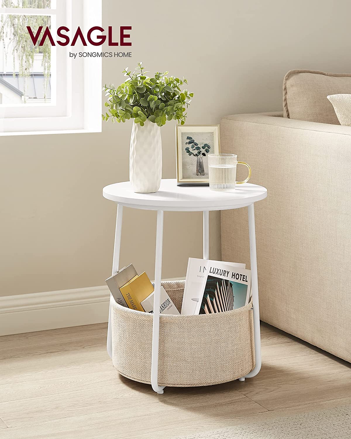 Side Table, Round End Table with Fabric Basket, Spacious, for Living Room Bedroom, Bedside Table, Modern Style, White and Beige