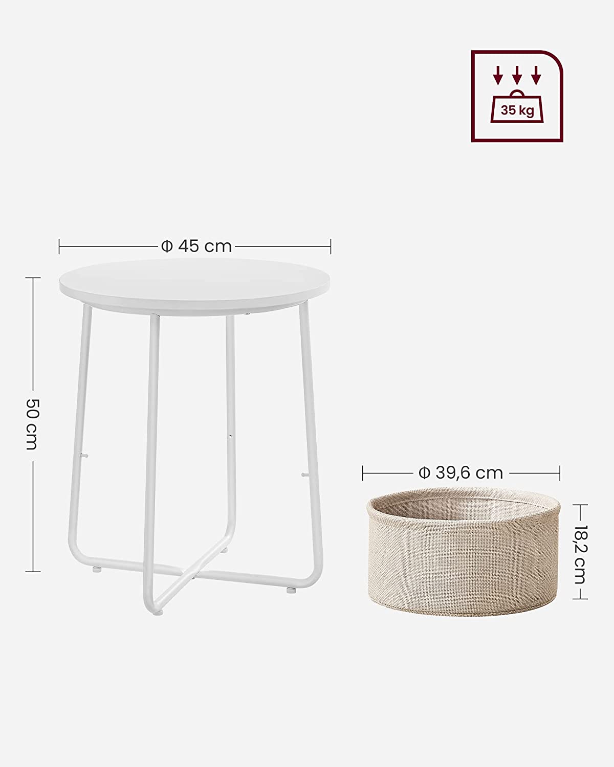 Side Table, Round End Table with Fabric Basket, Spacious, for Living Room Bedroom, Bedside Table, Modern Style, White and Beige