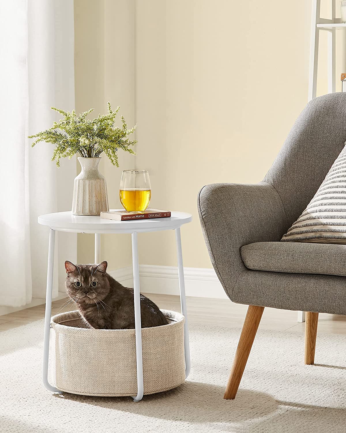 Side Table, Round End Table with Fabric Basket, Spacious, for Living Room Bedroom, Bedside Table, Modern Style, White and Beige