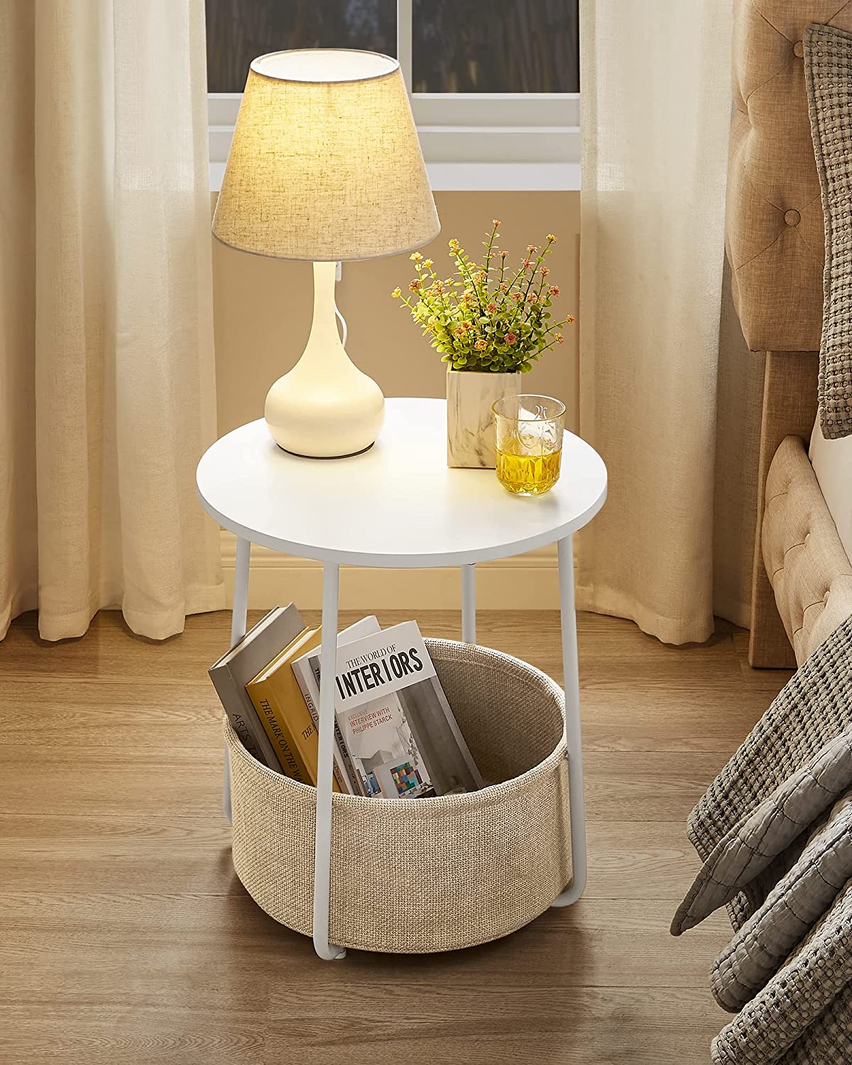 Side Table, Round End Table with Fabric Basket, Spacious, for Living Room Bedroom, Bedside Table, Modern Style, White and Beige