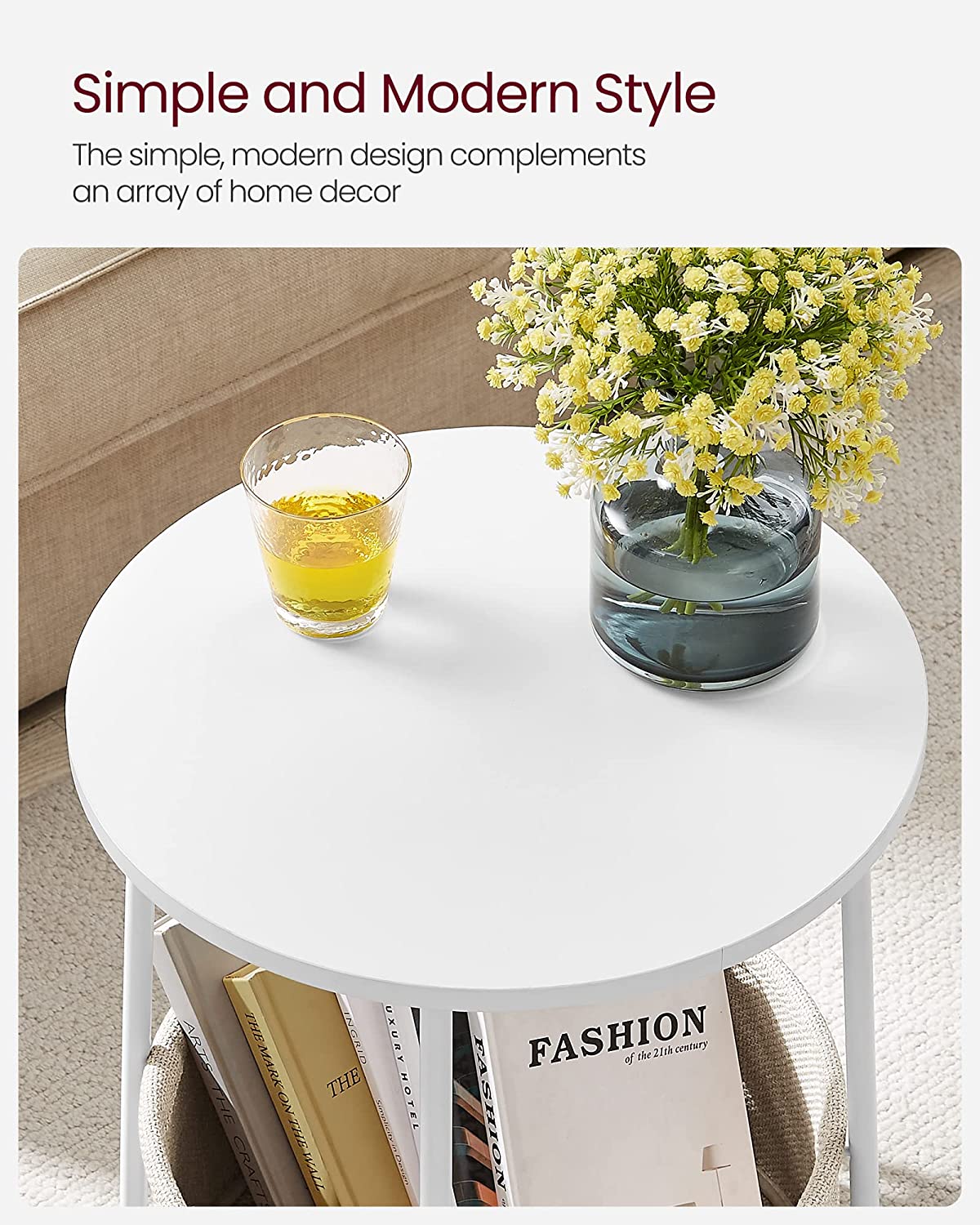 Side Table, Round End Table with Fabric Basket, Spacious, for Living Room Bedroom, Bedside Table, Modern Style, White and Beige