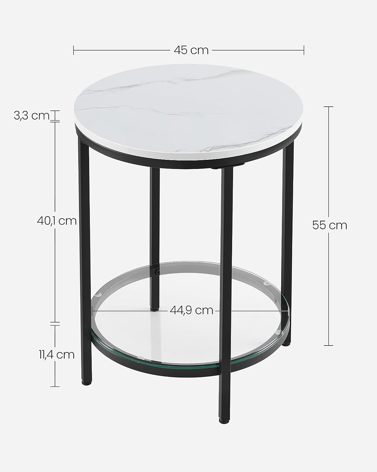 Side Table Bedside Table 2 Tier Wood Chipboard Tempered Glass Living Room Study Small Spaces Modern White Marble Effect Black Frame