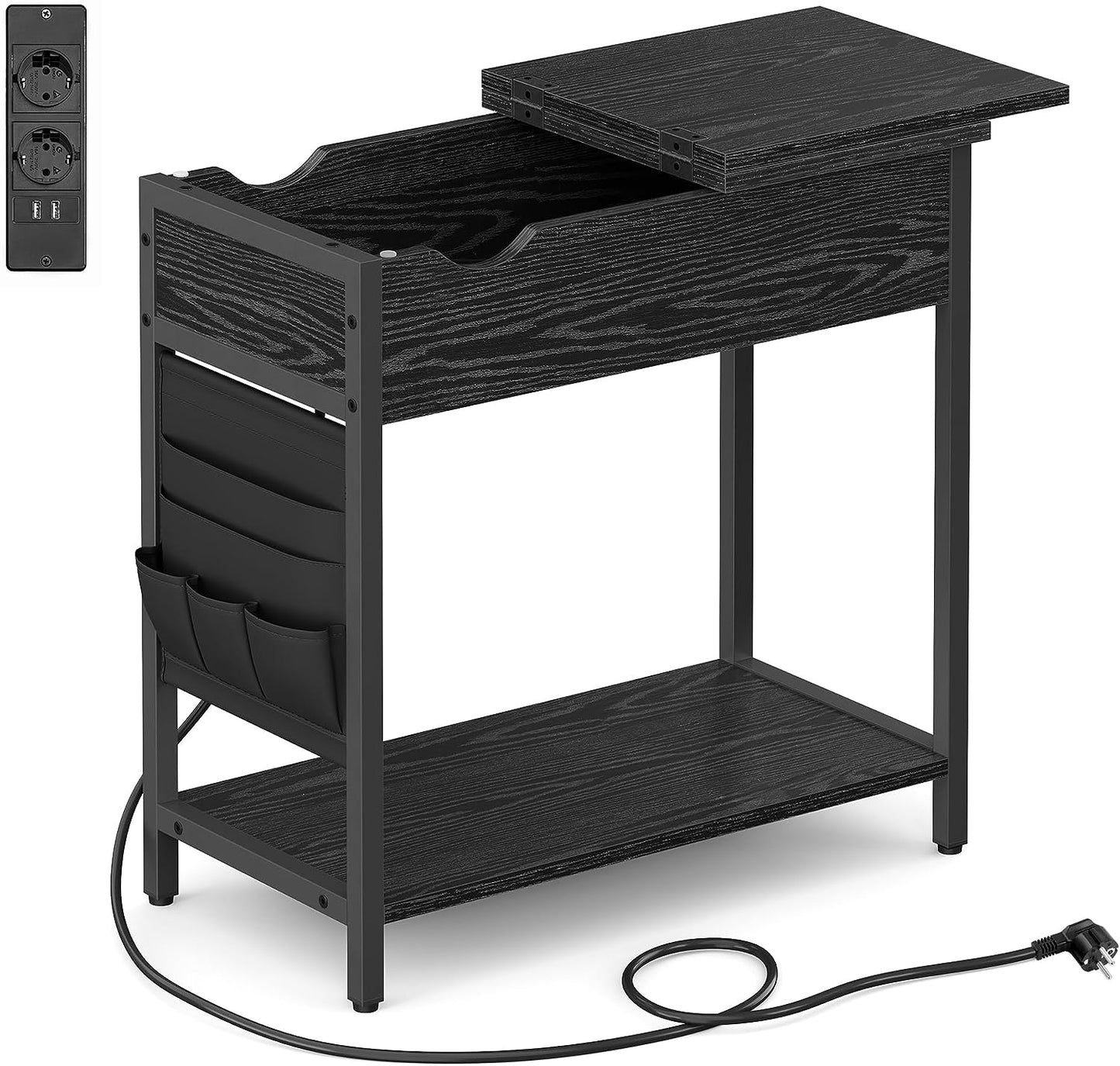 Side Table with Power Strip, Narrow Side Table with USB Ports, Bags, Nightstand, for Living Room, Bedroom, Black Wood Effect