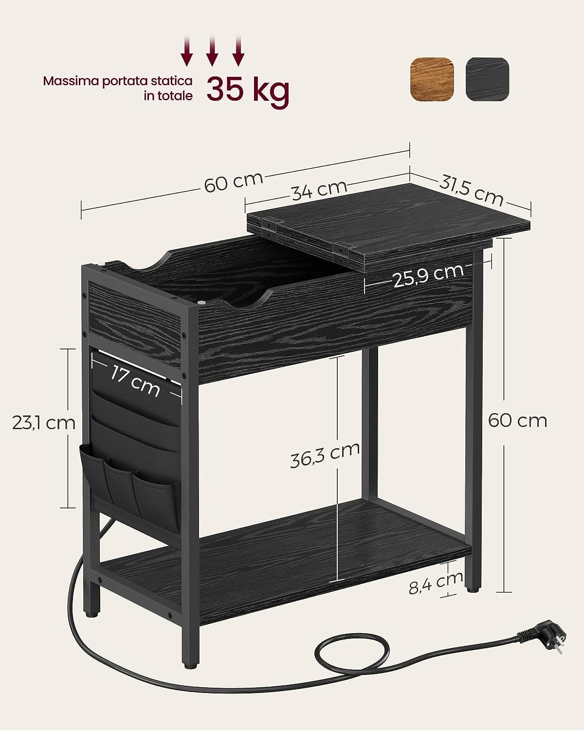 Side Table with Power Strip, Narrow Side Table with USB Ports, Bags, Nightstand, for Living Room, Bedroom, Black Wood Effect