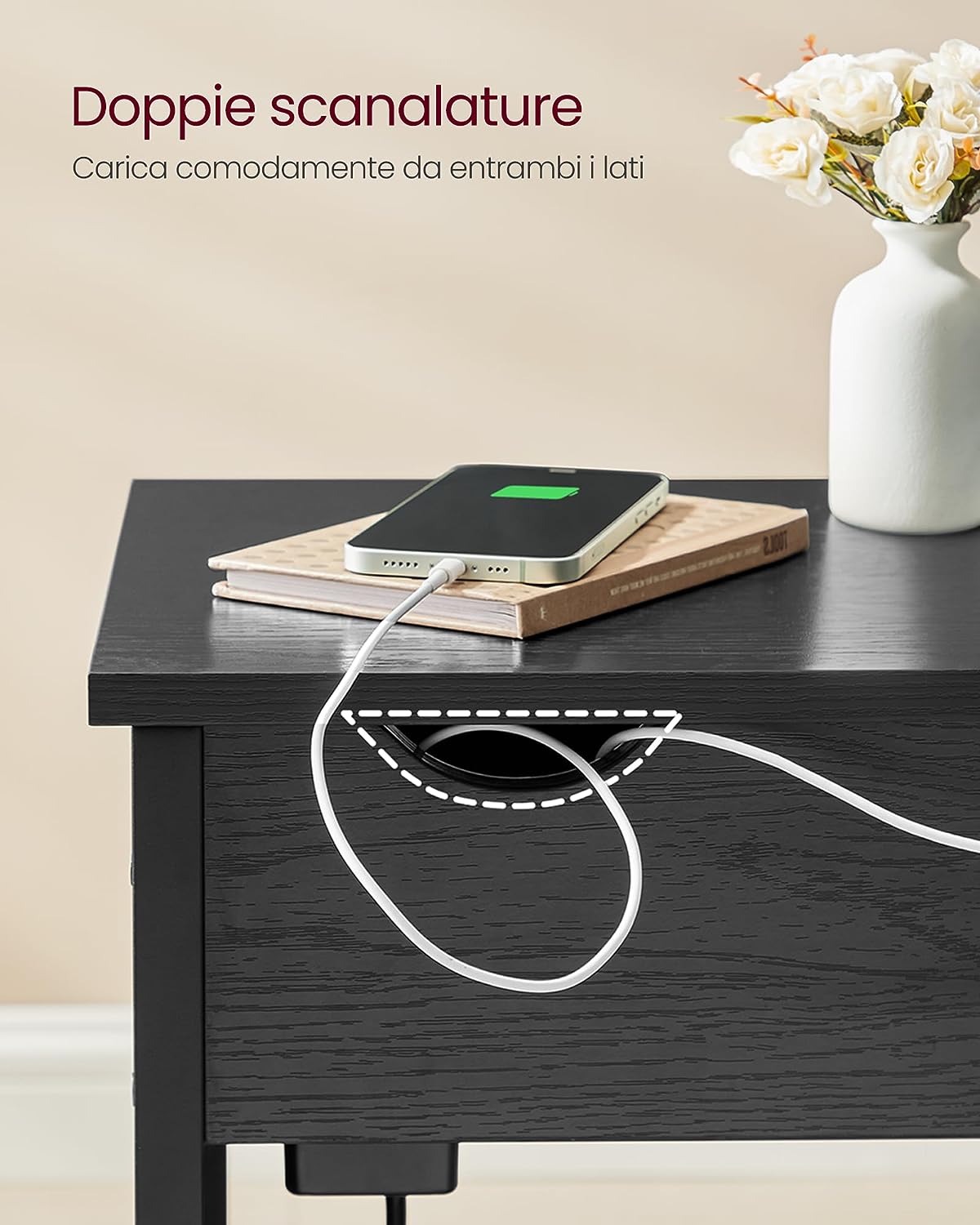 Side Table with Power Strip, Narrow Side Table with USB Ports, Bags, Nightstand, for Living Room, Bedroom, Black Wood Effect