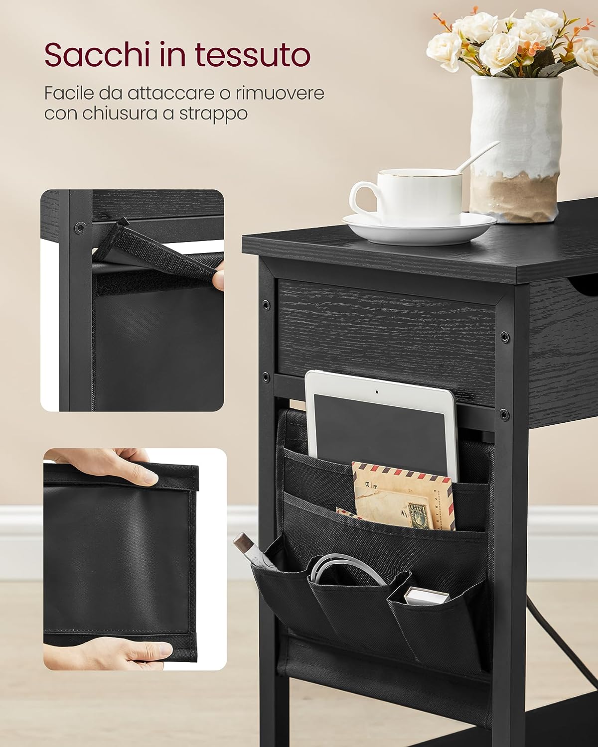 Side Table with Power Strip, Narrow Side Table with USB Ports, Bags, Nightstand, for Living Room, Bedroom, Black Wood Effect