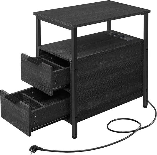 Side Table, Bedside Table with Power Strip, 2 Drawers, Sofa Table, Bedside Cabinet for Living Room, Bedroom, Anthracite Grey Classic Black