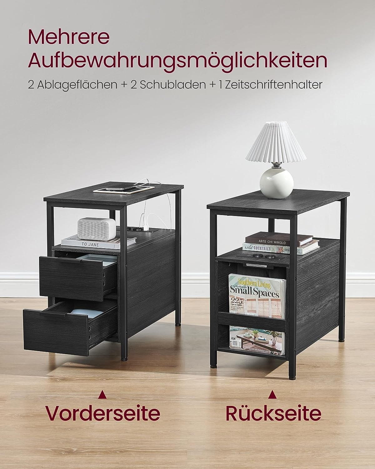 Side Table, Bedside Table with Power Strip, 2 Drawers, Sofa Table, Bedside Cabinet for Living Room, Bedroom, Anthracite Grey Classic Black