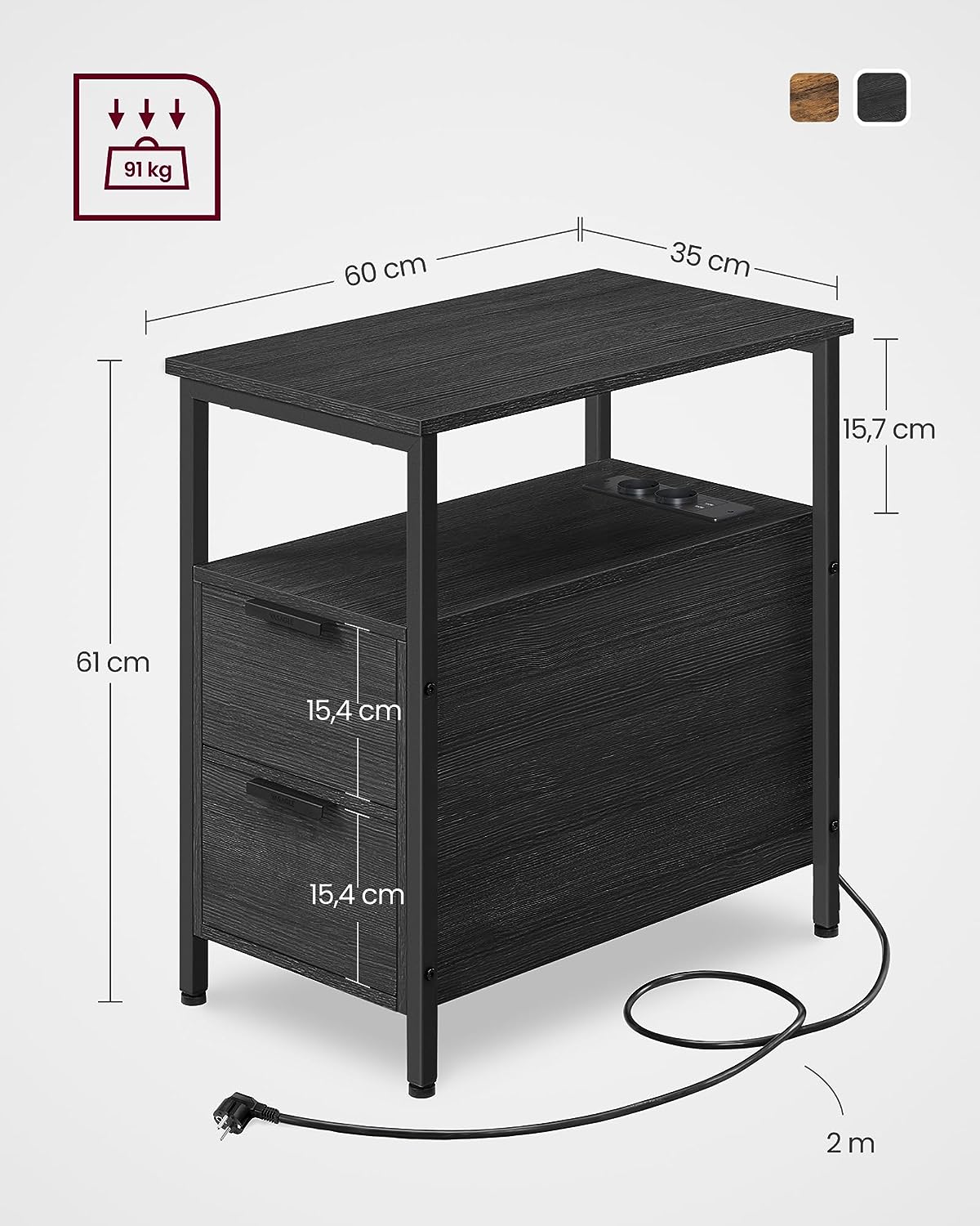 Side Table, Bedside Table with Power Strip, 2 Drawers, Sofa Table, Bedside Cabinet for Living Room, Bedroom, Anthracite Grey Classic Black