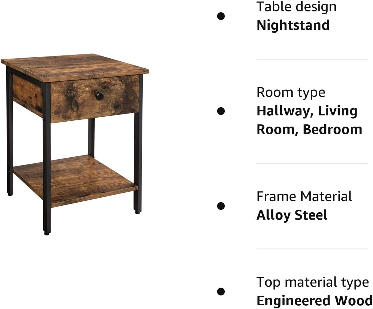 Nightstand, Bedside Table, Side Table with Drawer and Shelf, End Table, Bedroom, Living Room, Easy Assembly, Steel Frame, Industrial, Rustic Brown and Black LET55BX