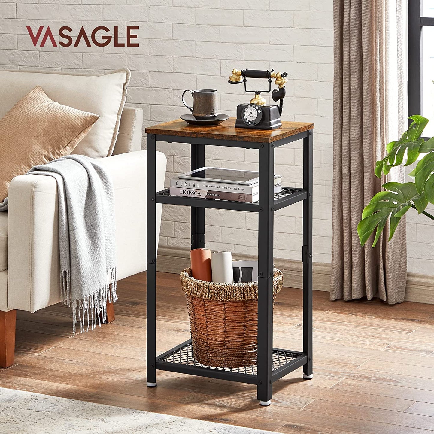 Vintage End Table, Side Coffee Table with 2 Mesh Shelves, Accent Table with Adjustable Feet, Stable Metal Frame and Easy Assembly ULET75BX