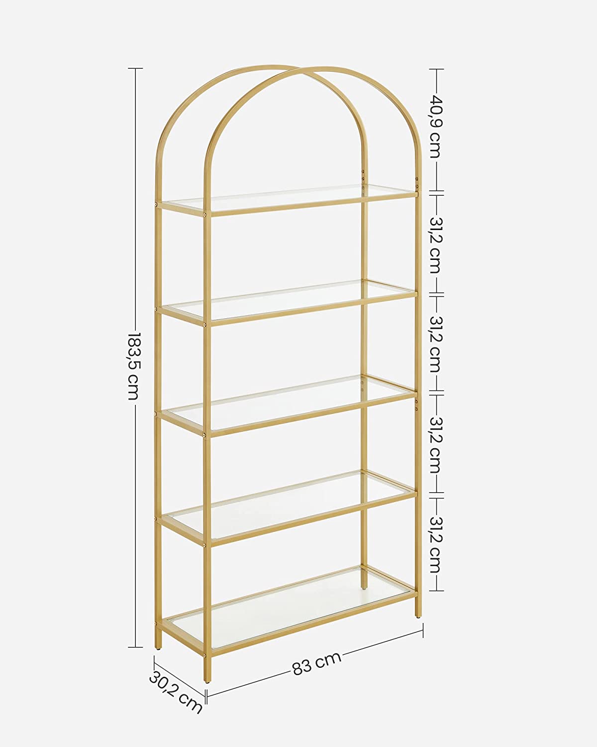 5 Tier Shelf, Tempered Glass Shelving Unit, Arched Design, Steel Construction, for Living Room, Working Bathroom, Golden Color