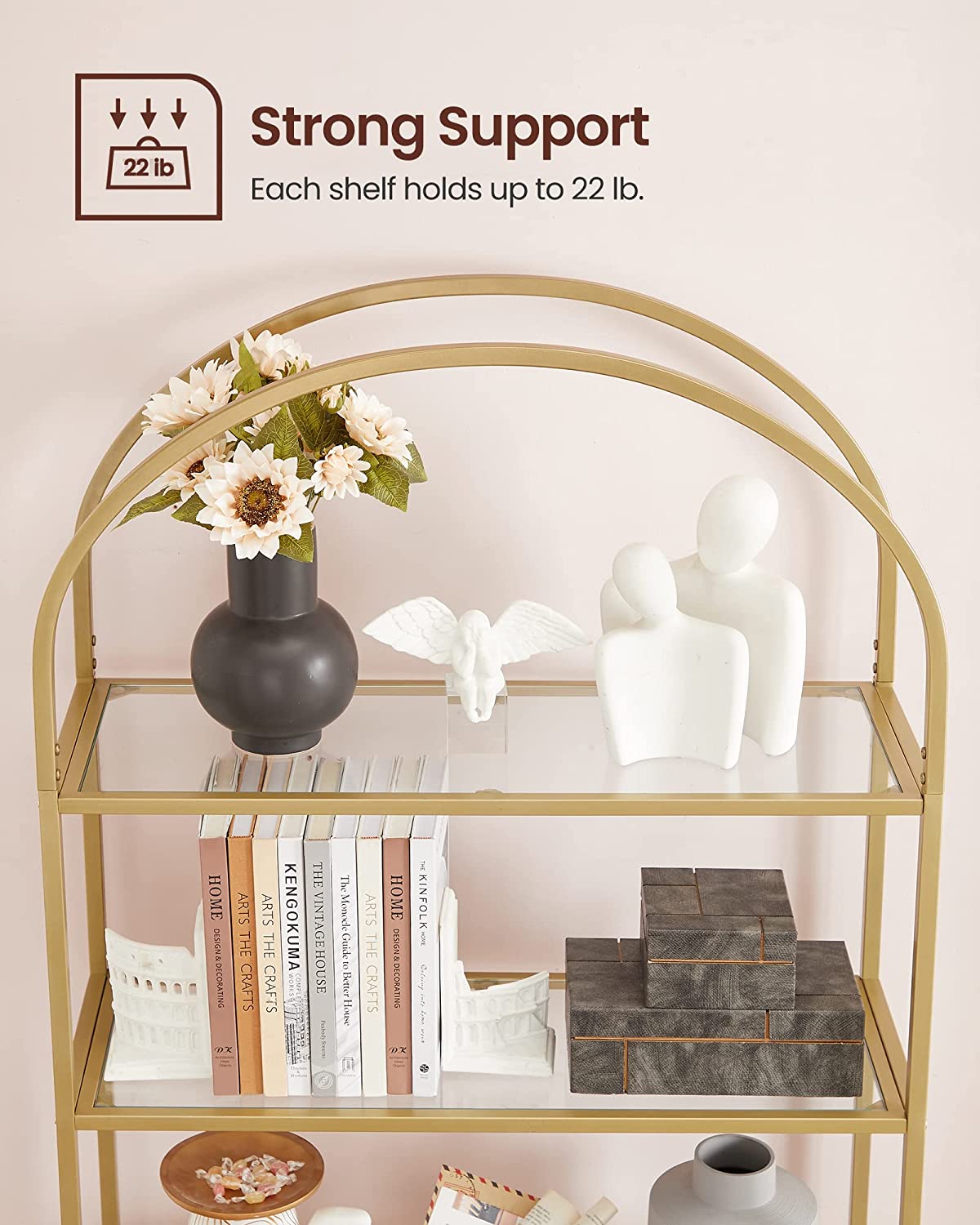 5 Tier Shelf, Tempered Glass Shelving Unit, Arched Design, Steel Construction, for Living Room, Working Bathroom, Golden Color