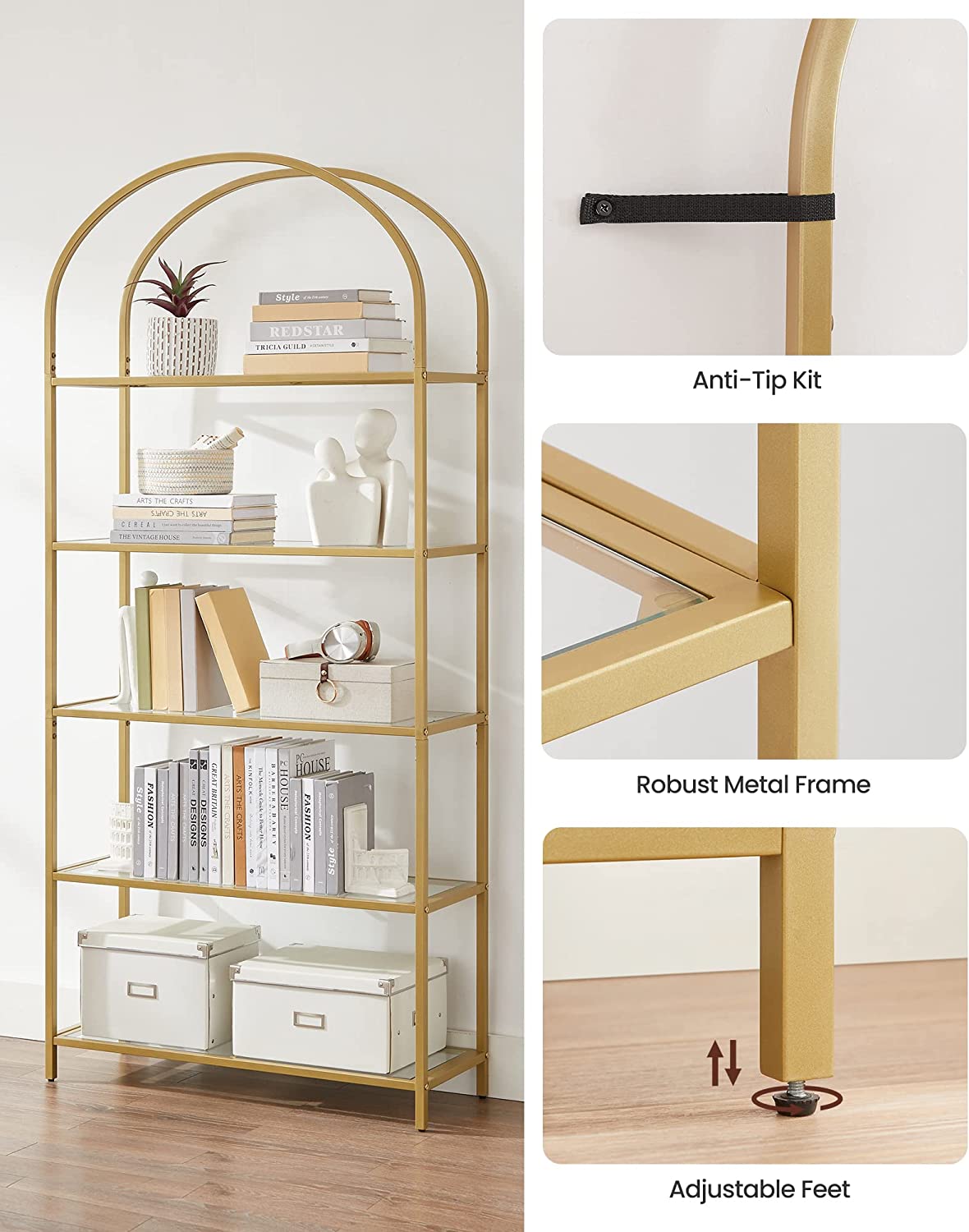 5 Tier Shelf, Tempered Glass Shelving Unit, Arched Design, Steel Construction, for Living Room, Working Bathroom, Golden Color