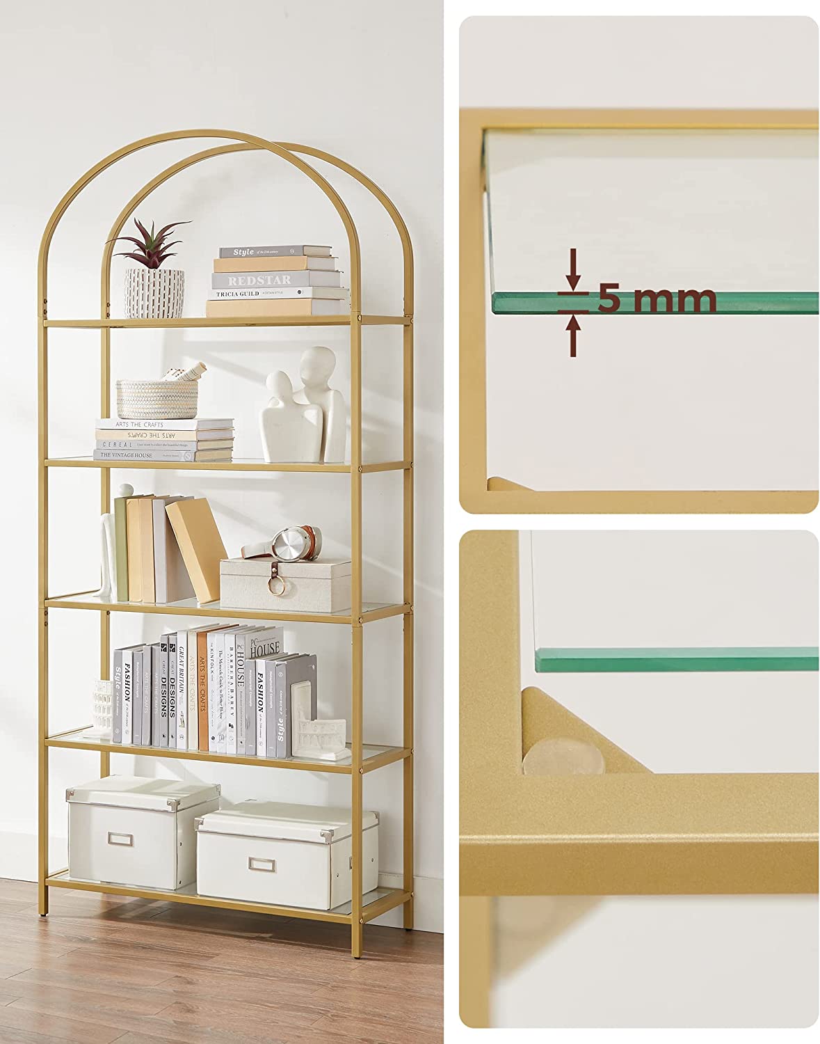 5 Tier Shelf, Tempered Glass Shelving Unit, Arched Design, Steel Construction, for Living Room, Working Bathroom, Golden Color