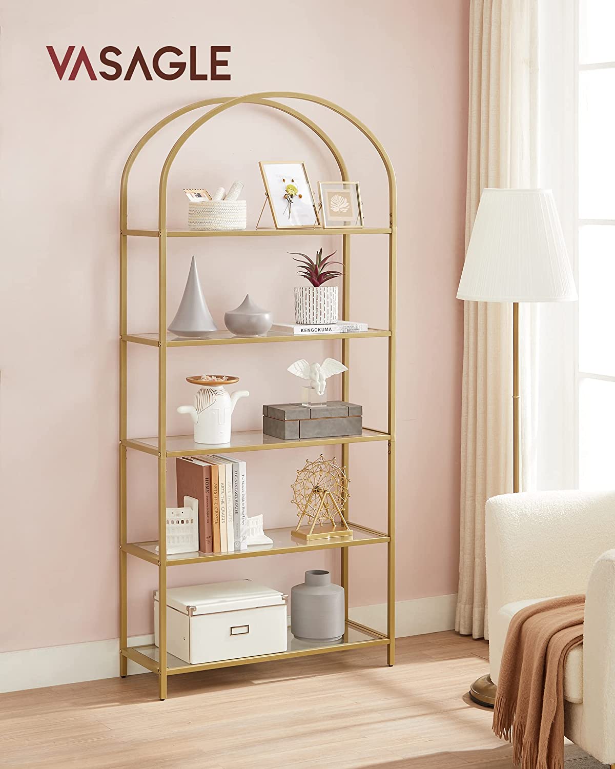 5 Tier Shelf, Tempered Glass Shelving Unit, Arched Design, Steel Construction, for Living Room, Working Bathroom, Golden Color