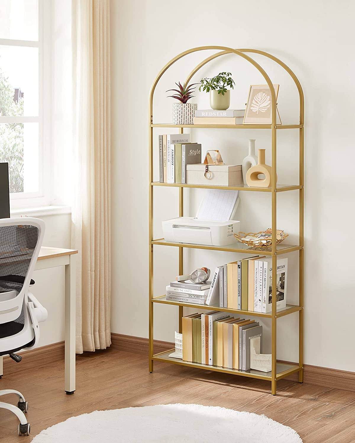 5 Tier Shelf, Tempered Glass Shelving Unit, Arched Design, Steel Construction, for Living Room, Working Bathroom, Golden Color