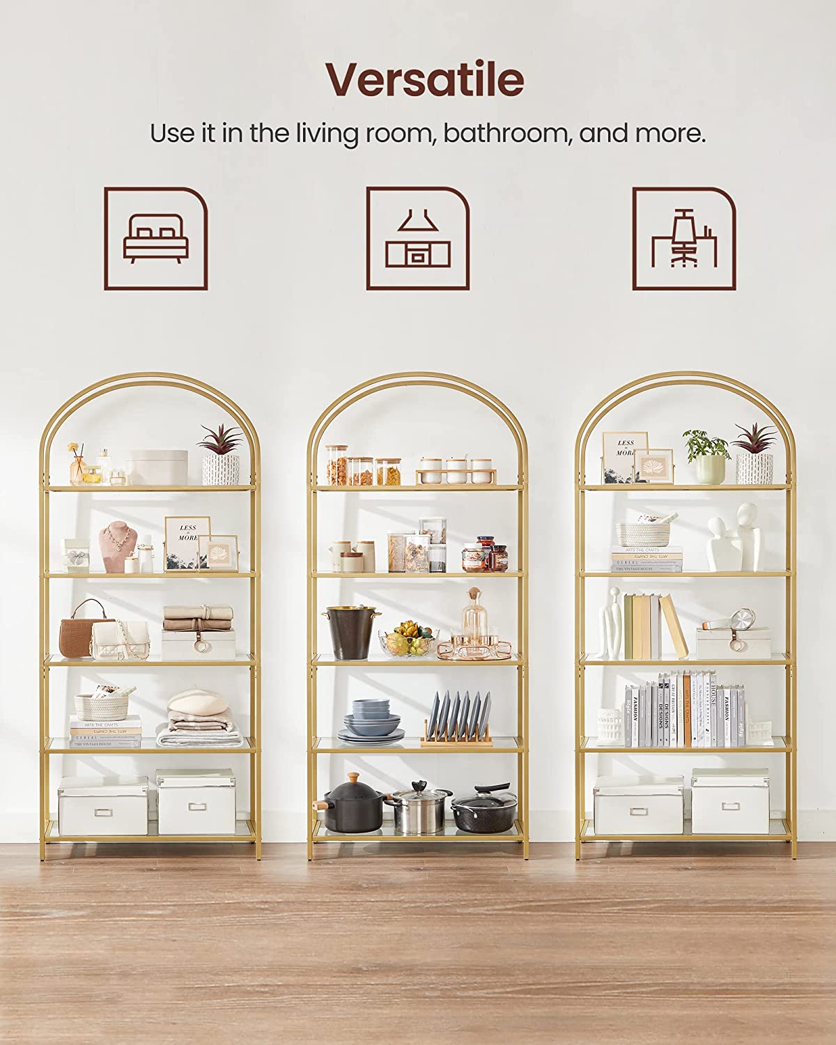 5 Tier Shelf, Tempered Glass Shelving Unit, Arched Design, Steel Construction, for Living Room, Working Bathroom, Golden Color