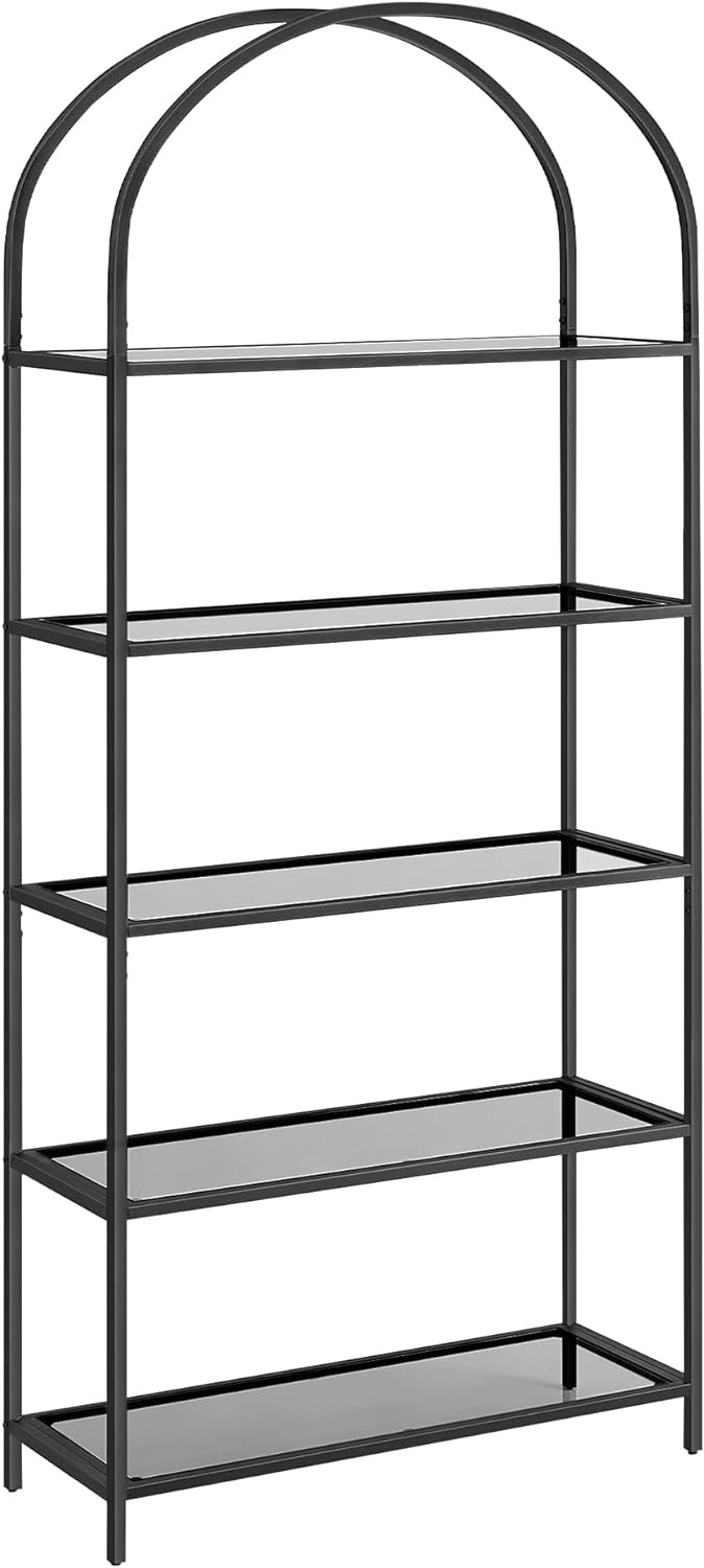 5-Tier Shelf, Tempered Glass Shelving Unit, Arched Design, Steel Structure, for Living Room Bedroom Study Bathroom, Black and Grey