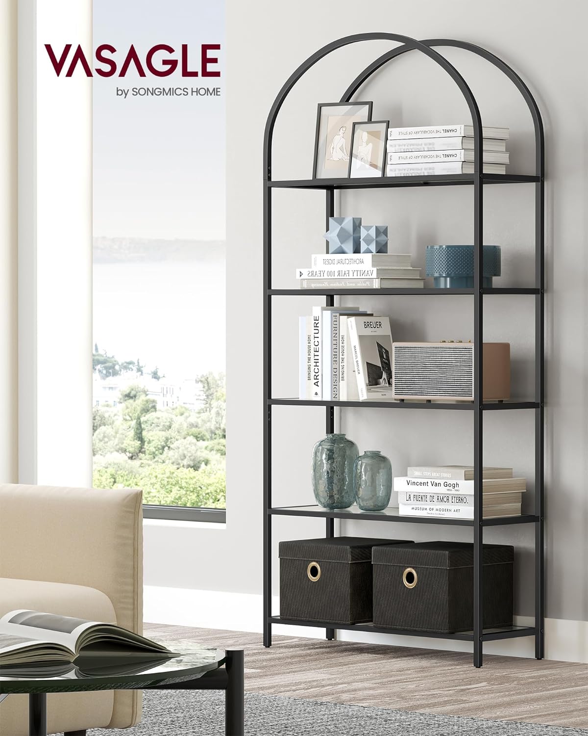 5-Tier Shelf, Tempered Glass Shelving Unit, Arched Design, Steel Structure, for Living Room Bedroom Study Bathroom, Black and Grey