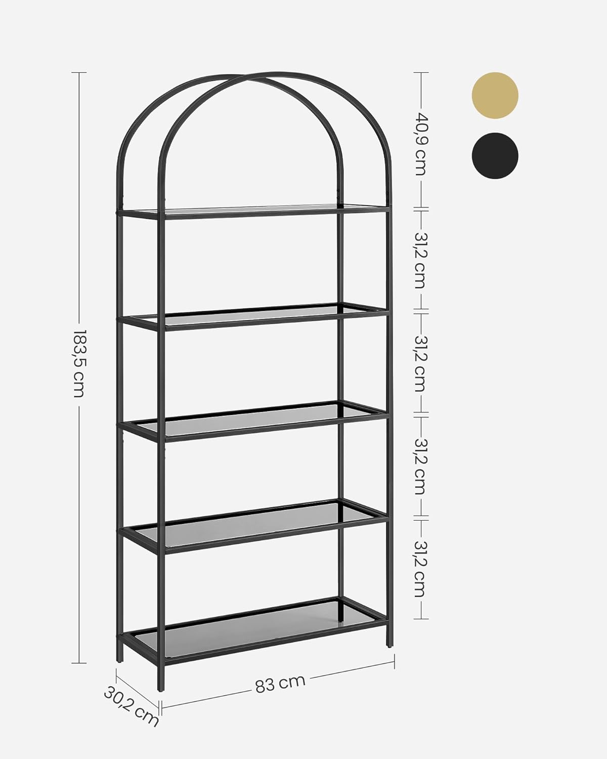 5-Tier Shelf, Tempered Glass Shelving Unit, Arched Design, Steel Structure, for Living Room Bedroom Study Bathroom, Black and Grey