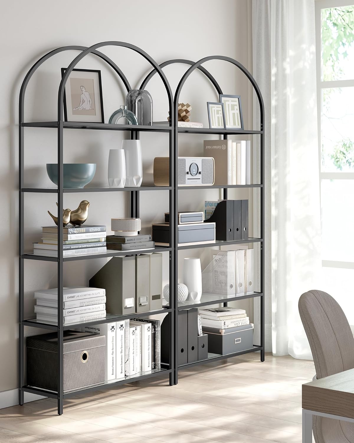 5-Tier Shelf, Tempered Glass Shelving Unit, Arched Design, Steel Structure, for Living Room Bedroom Study Bathroom, Black and Grey