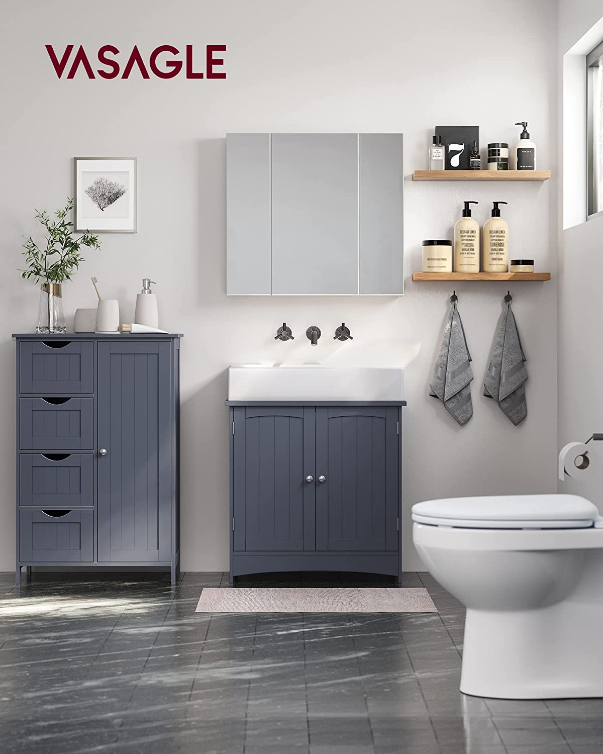 Bathroom Floor Storage Cabinet, Bathroom Storage Unit with 4 Drawers, Bathroom Cabinet Freestanding, with 1 Door, Adjustable Shelf, 30 x 55 x 82 cm, Grey