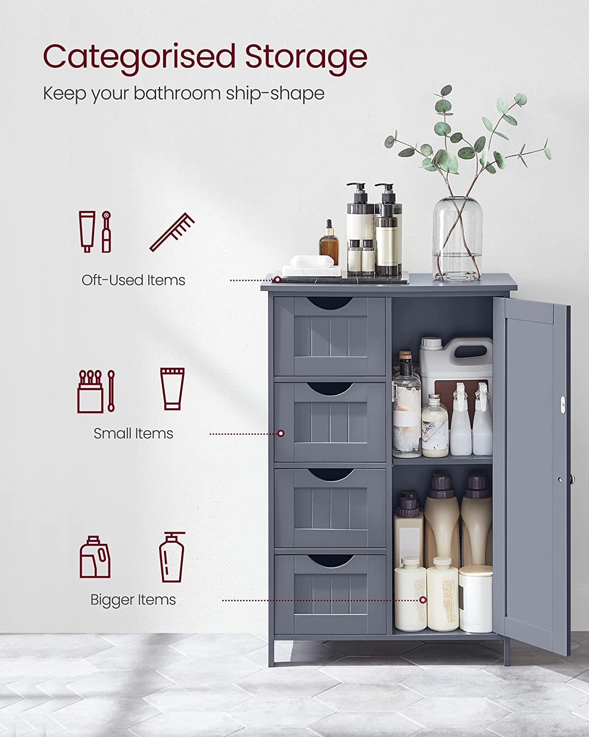 Bathroom Floor Storage Cabinet, Bathroom Storage Unit with 4 Drawers, Bathroom Cabinet Freestanding, with 1 Door, Adjustable Shelf, 30 x 55 x 82 cm, Grey