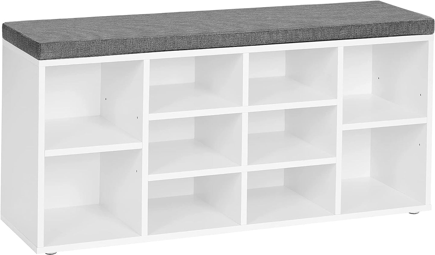 Shoe Bench, Shoe Shelf, Shoe Rack, Storage Cabinet, 10 Compartments, with Cushion, for Entryway, 104 x 30 x 48 cm, White