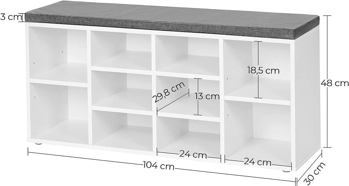 Shoe Bench, Shoe Shelf, Shoe Rack, Storage Cabinet, 10 Compartments, with Cushion, for Entryway, 104 x 30 x 48 cm, White