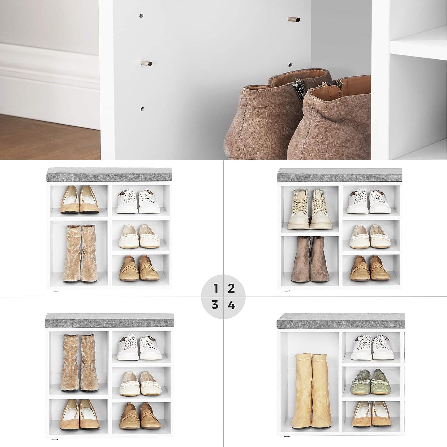 Shoe Bench, Shoe Shelf, Shoe Rack, Storage Cabinet, 10 Compartments, with Cushion, for Entryway, 104 x 30 x 48 cm, White