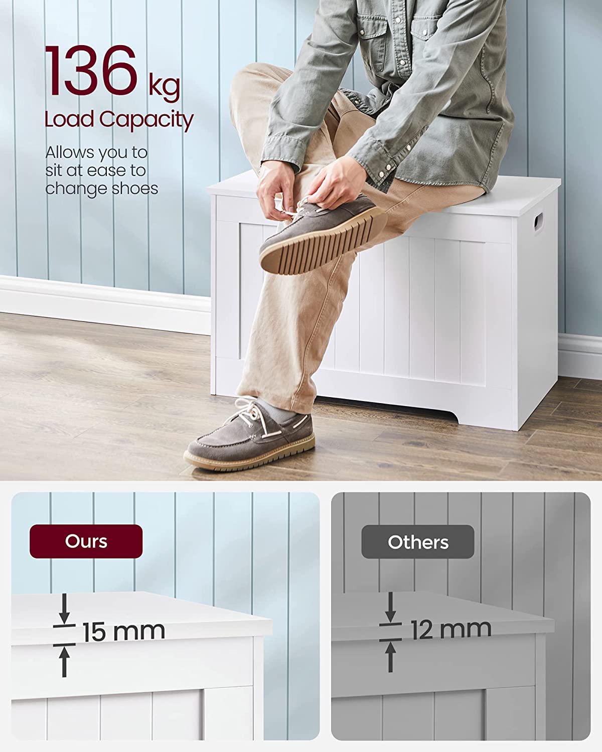 LHS11WT Toy Bench Space Seat Storage Chest with Large Capacity White, Engineered Wood, 76 x 48 x 40 cm (B x H x T)