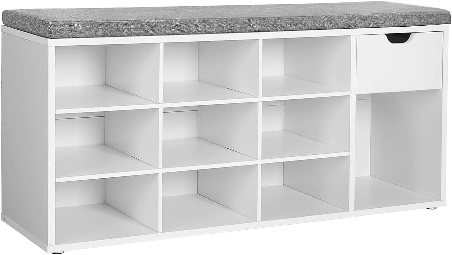 Shoe Bench, Storage Bench with 2 Open and 1 Closed Compartments, Shoe Shelf, Padded Seat, for Entryway, Living Room, Bedroom, White and Gray LHS021W01