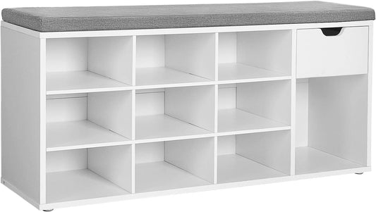 Shoe Bench, Storage Bench with 2 Open and 1 Closed Compartments, Shoe Shelf, Padded Seat, for Entryway, Living Room, Bedroom, White and Gray LHS021W01