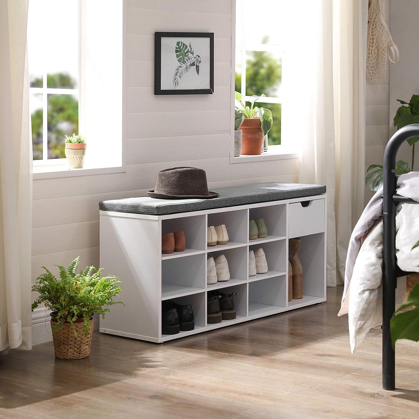 Shoe Bench, Storage Bench with 2 Open and 1 Closed Compartments, Shoe Shelf, Padded Seat, for Entryway, Living Room, Bedroom, White and Gray LHS021W01