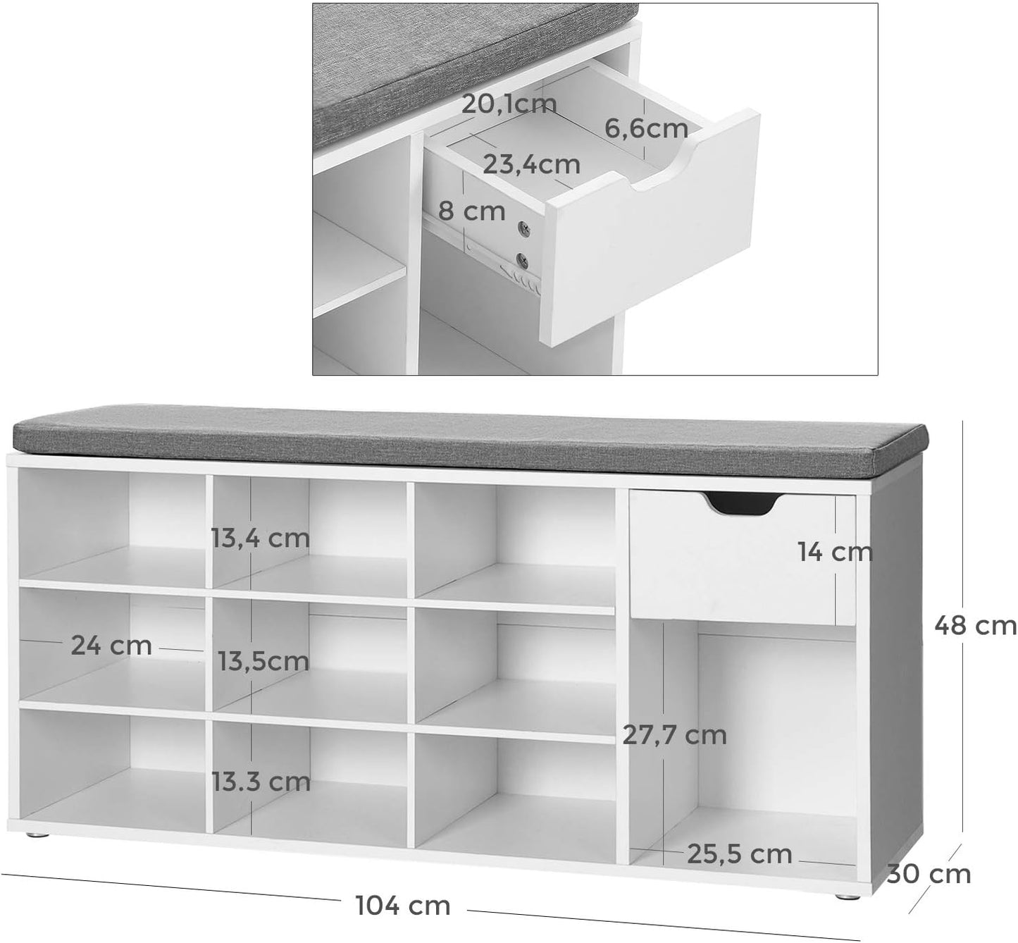 Shoe Bench, Storage Bench with 2 Open and 1 Closed Compartments, Shoe Shelf, Padded Seat, for Entryway, Living Room, Bedroom, White and Gray LHS021W01