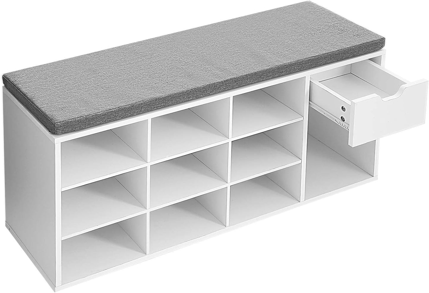 Shoe Bench, Storage Bench with 2 Open and 1 Closed Compartments, Shoe Shelf, Padded Seat, for Entryway, Living Room, Bedroom, White and Gray LHS021W01