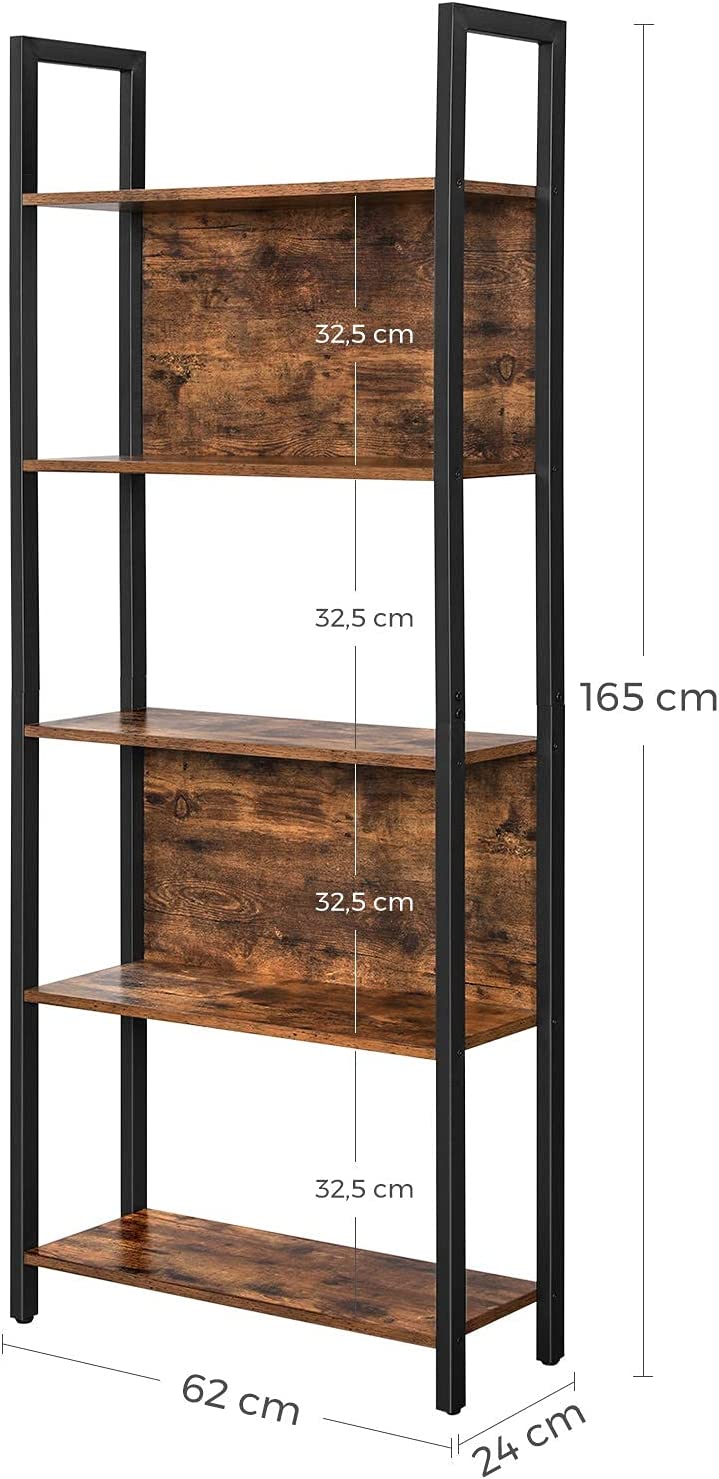 Bookshelf, Storage Shelf, Kitchen Shelf with 5 Shelves, Stable Steel Structure, for Living Room, Entryway, Hallway, Office, Industrial Style, Rustic Brown and Black LLS025B01