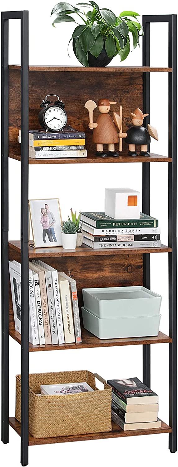 Bookshelf, Storage Shelf, Kitchen Shelf with 5 Shelves, Stable Steel Structure, for Living Room, Entryway, Hallway, Office, Industrial Style, Rustic Brown and Black LLS025B01