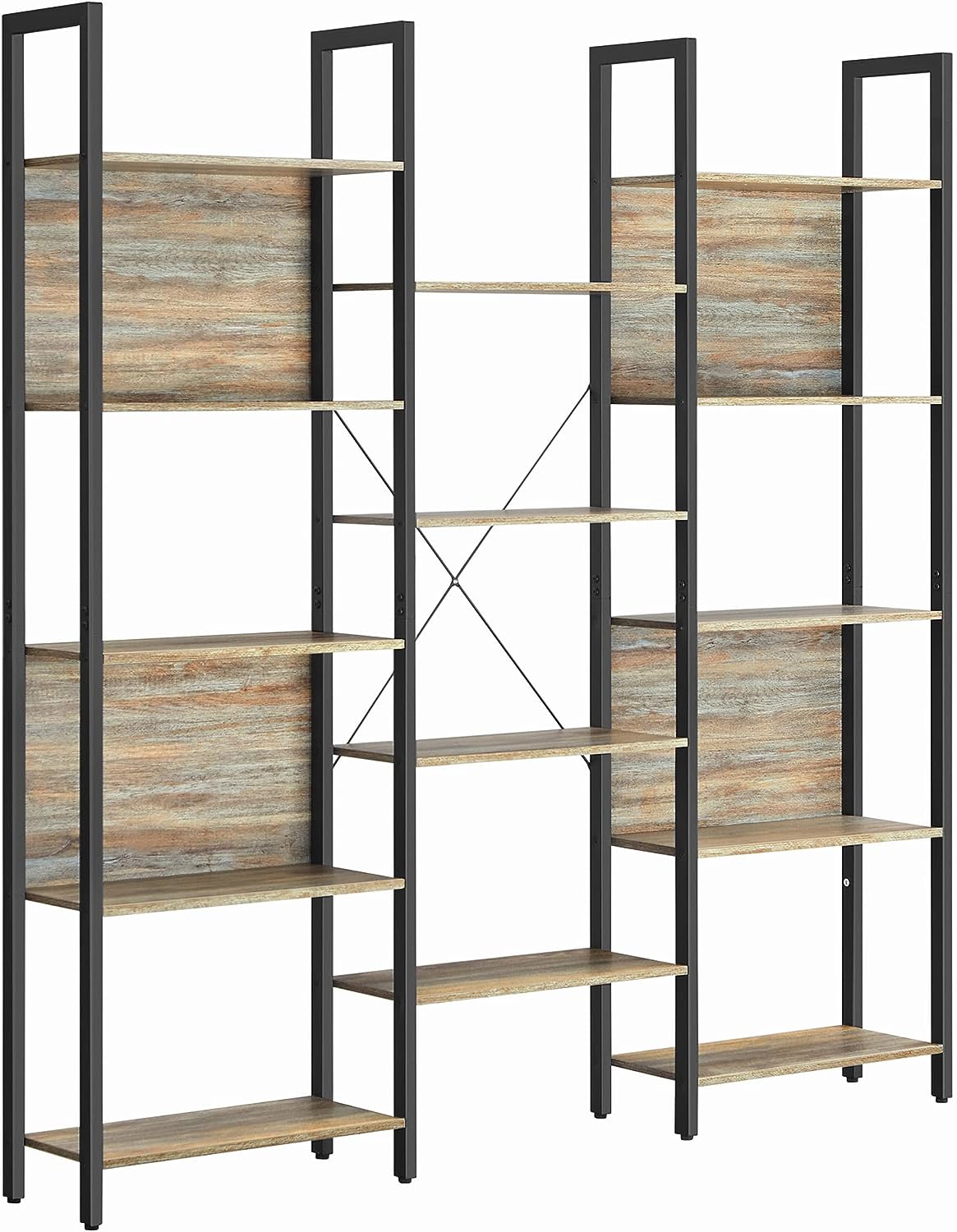 Bookcase, Bookshelf with 14 Shelves, Metal Frame, Shelf Unit for Living Room, Home Office, Industrial Style, 24 x 158 x 166 cm, Oak with Blue Grains and Black