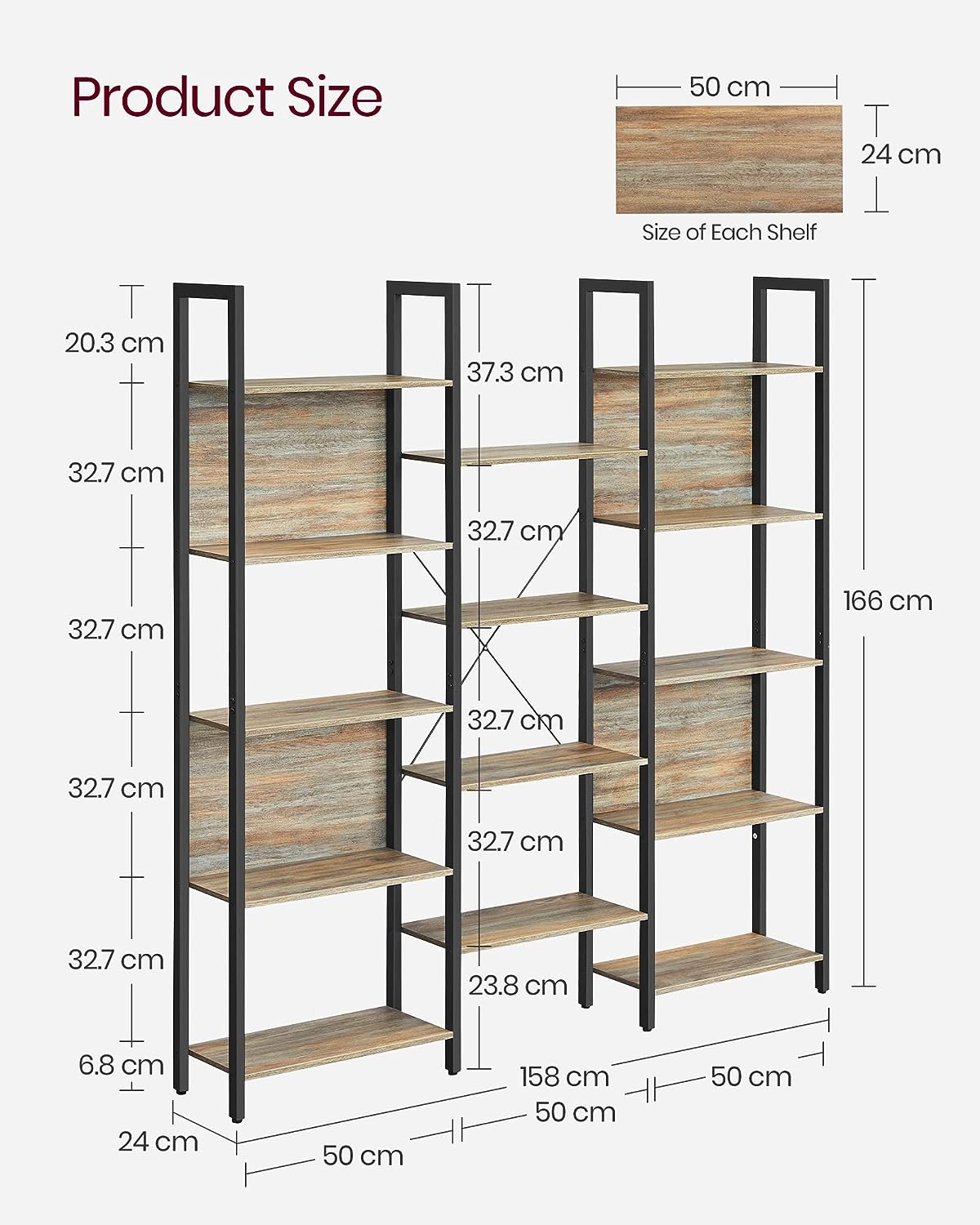 Bookcase, Bookshelf with 14 Shelves, Metal Frame, Shelf Unit for Living Room, Home Office, Industrial Style, 24 x 158 x 166 cm, Oak with Blue Grains and Black