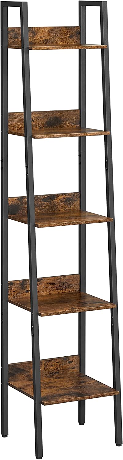 Ladder Shelf, 5-Tier Narrow Shelf, Bookshelf for Home Office, Living Room, Bedroom, Kitchen, Industrial, Rustic Brown and Black LLS109B01