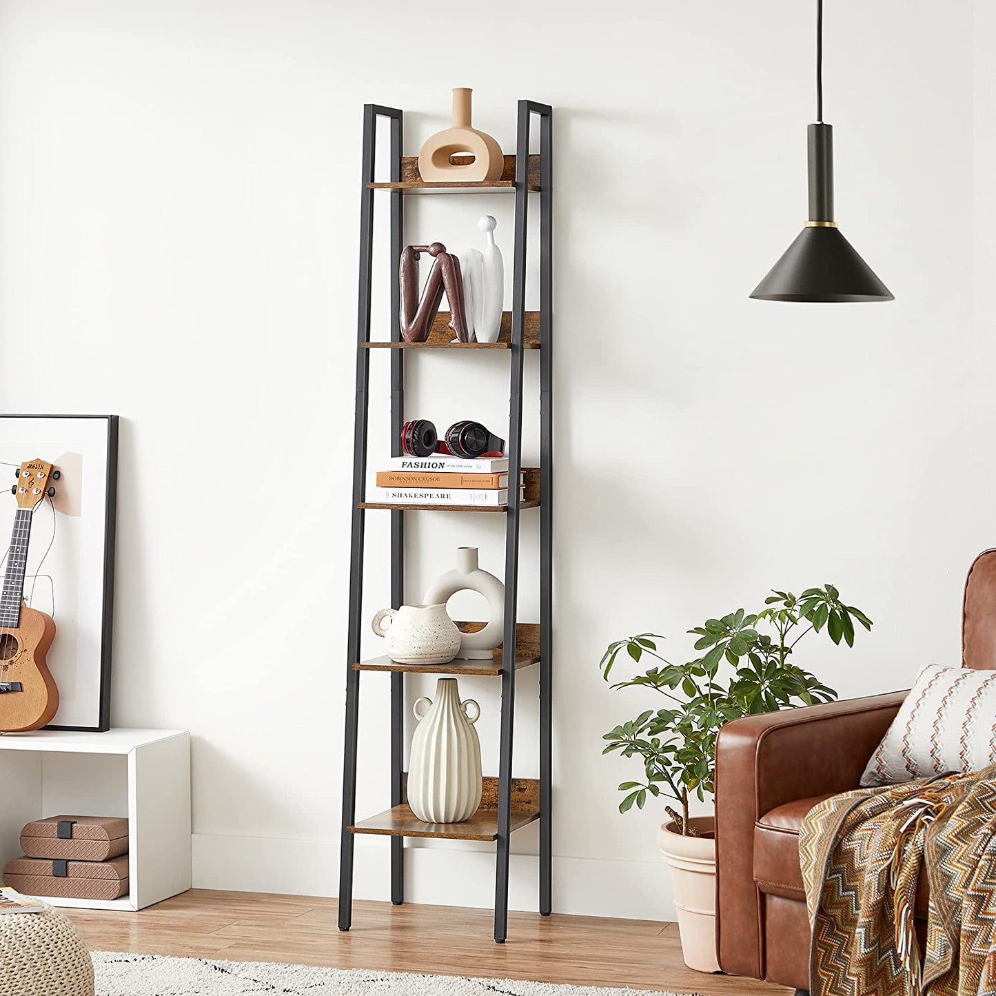 Ladder Shelf, 5-Tier Narrow Shelf, Bookshelf for Home Office, Living Room, Bedroom, Kitchen, Industrial, Rustic Brown and Black LLS109B01