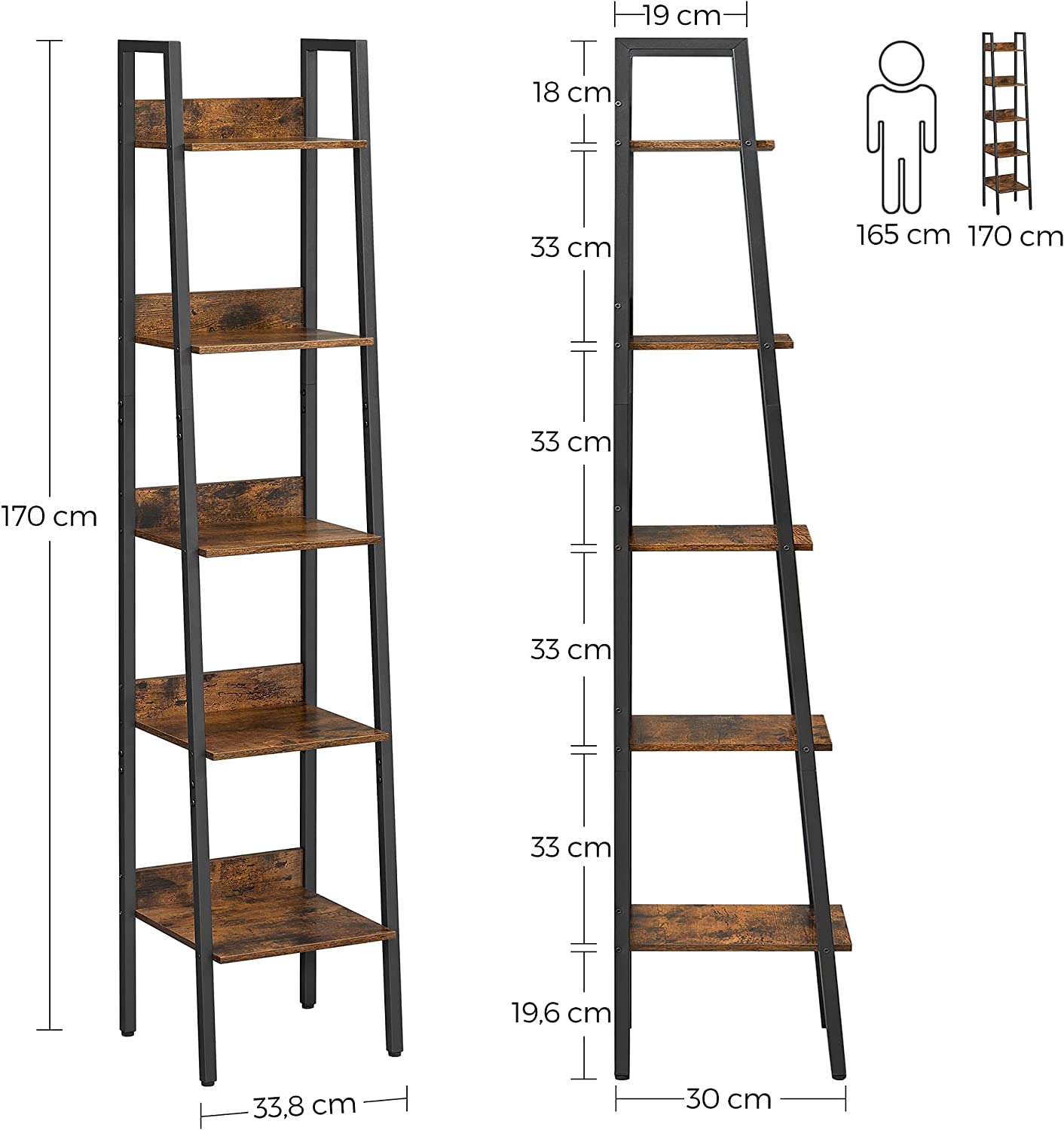 Ladder Shelf, 5-Tier Narrow Shelf, Bookshelf for Home Office, Living Room, Bedroom, Kitchen, Industrial, Rustic Brown and Black LLS109B01