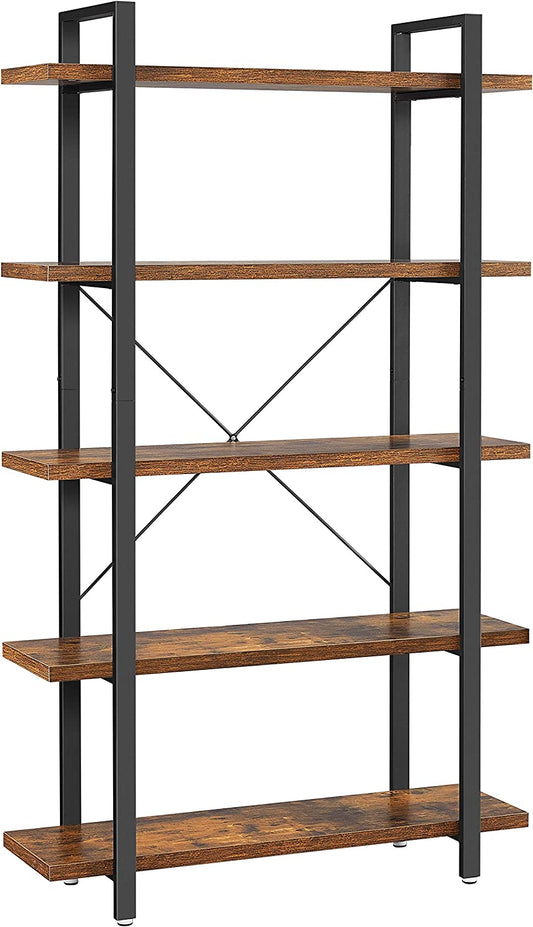 Bookshelf, 5-Tier Industrial Stable Bookcase, Storage Rack, Standing Shelf, Easy Assembly, Living Room, Bedroom, Office, Rustic Brown and Black LLS55BX